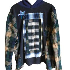 Upcycled Waffle Knit Hoodie: Plus Size XL-2X, Plaid Patches & Appliquéd Stars